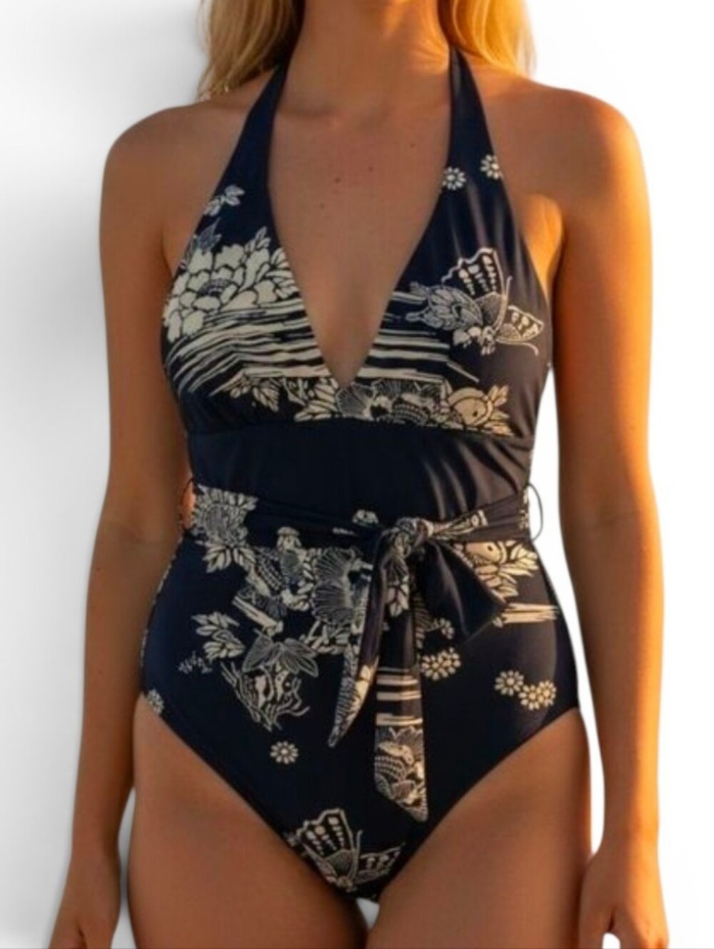 NANETTE LEPORE Navy Butterfly Asian Inspired Reversable Halter Swimsuit - XS - Picture 1 of 9